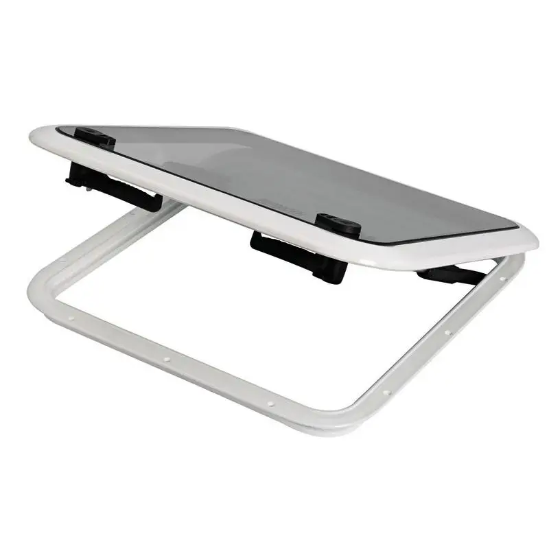 Reso Gratuito Passo Uomo Bomar 445 x 445 mm in Alluminio Verniciato Bianco con Illuminazione in Vetro Temperato Fumè - Cerniere Invisibili e Apertura a Fermi a Compasso per Nautica