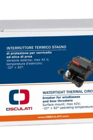 Quantità Limitata Termointerruttore esterno 60 A Osculati riarmabile e sganciabile, fusibile e interruttore, max 42 V, IP67, -32° + 82°, diametro perni 6 mm, terminali 1/4.