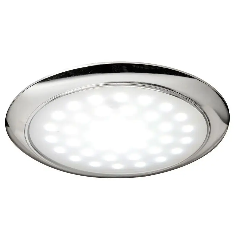 Economico Plafoniera LED ultrapiatta a sporgenza ridotta con interruttore touch e due livelli di luminosità - 12/24 V 3 W, Corpo in ABS e lente in vetro satinato.