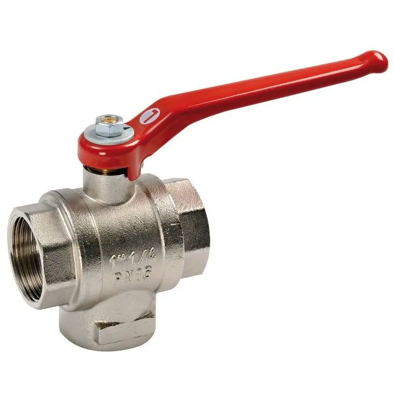 Consegna Rapida Valvola a sfera in ottone 3 vie femmina/femmina 1 1/2 con comando a leva in acciaio verniciata rossa per impianti idrici e fluidi non corrosivi