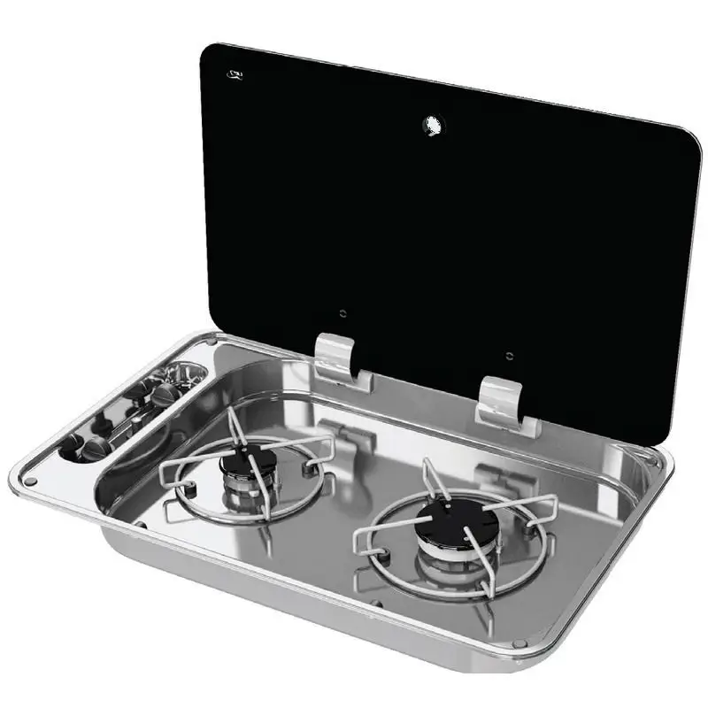 Piano Cottura Nautico 2 Fuochi con Coperchio in Vetro Nero Fumè, Griglia Inox e Bruciatori ad Alta Efficienza Must-Have