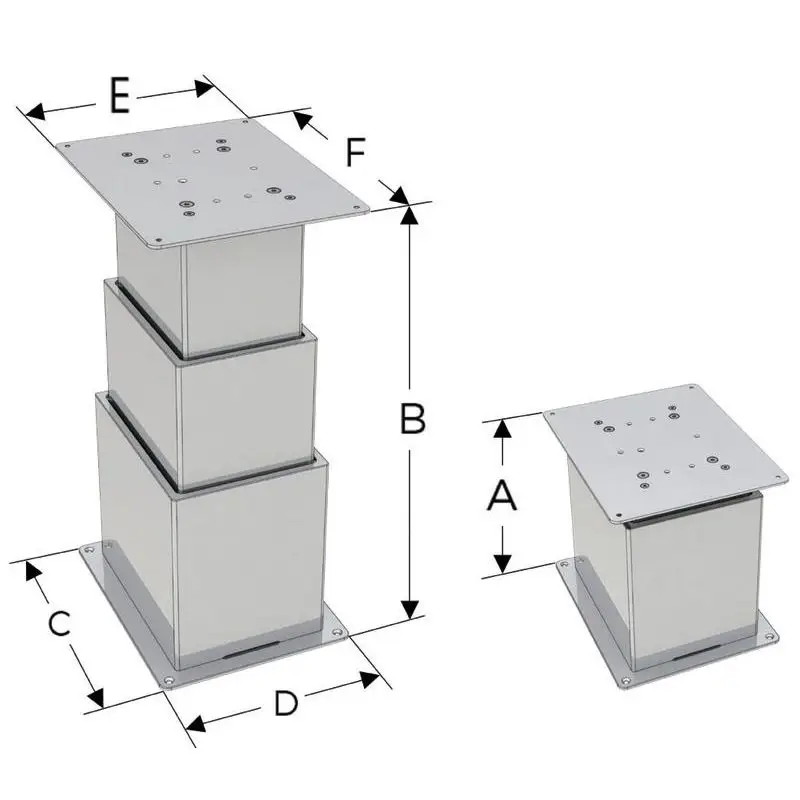 Gamba tavolo elettrica Square a due o tre stadi in acciaio inox 316 lucidato a specchio, adatta per interni ed esterni, con interruttore 6 poli per inversione polarità. Ultima Occasione
