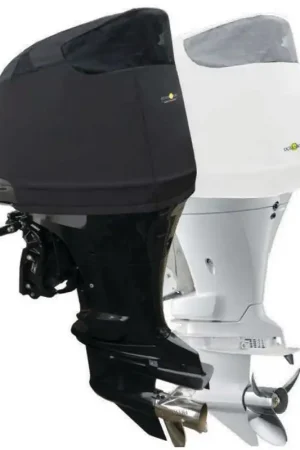 Must-Have Coprimotore Oceansouth sagomato per motori Suzuki DF115BG/140BG - Protezione nera per uso esterno, progettato per una protezione ottimale durante lo storage all'aperto.