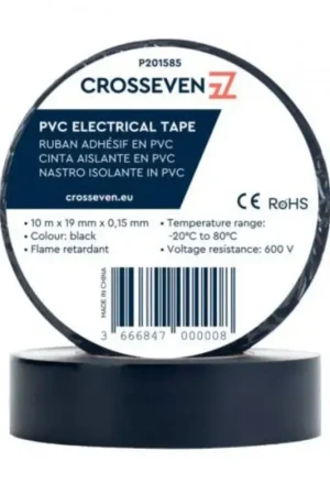 Compra Online Nastro Isolante Nero CROSSEVEN in PVC Ignifugo - Resistente a Temperature da -20°C a 80°C e Tensione 600V, Certificato RoHS e CE